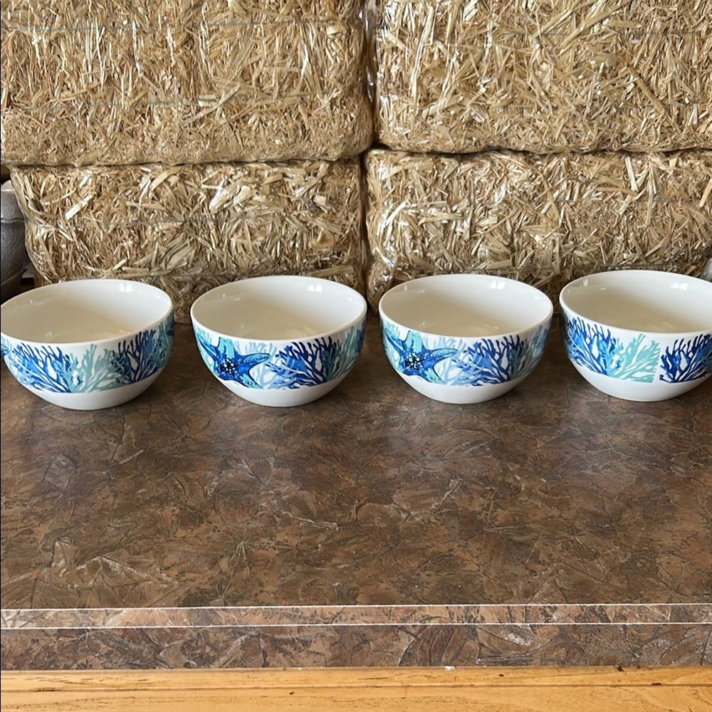 Set of 4 Blue and White Bowls with Coral Design